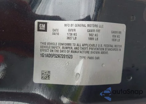 2010 Chevrolet Cobalt Lt z USA, uszkodzony, nr VIN 1G1AD5F52A7201523